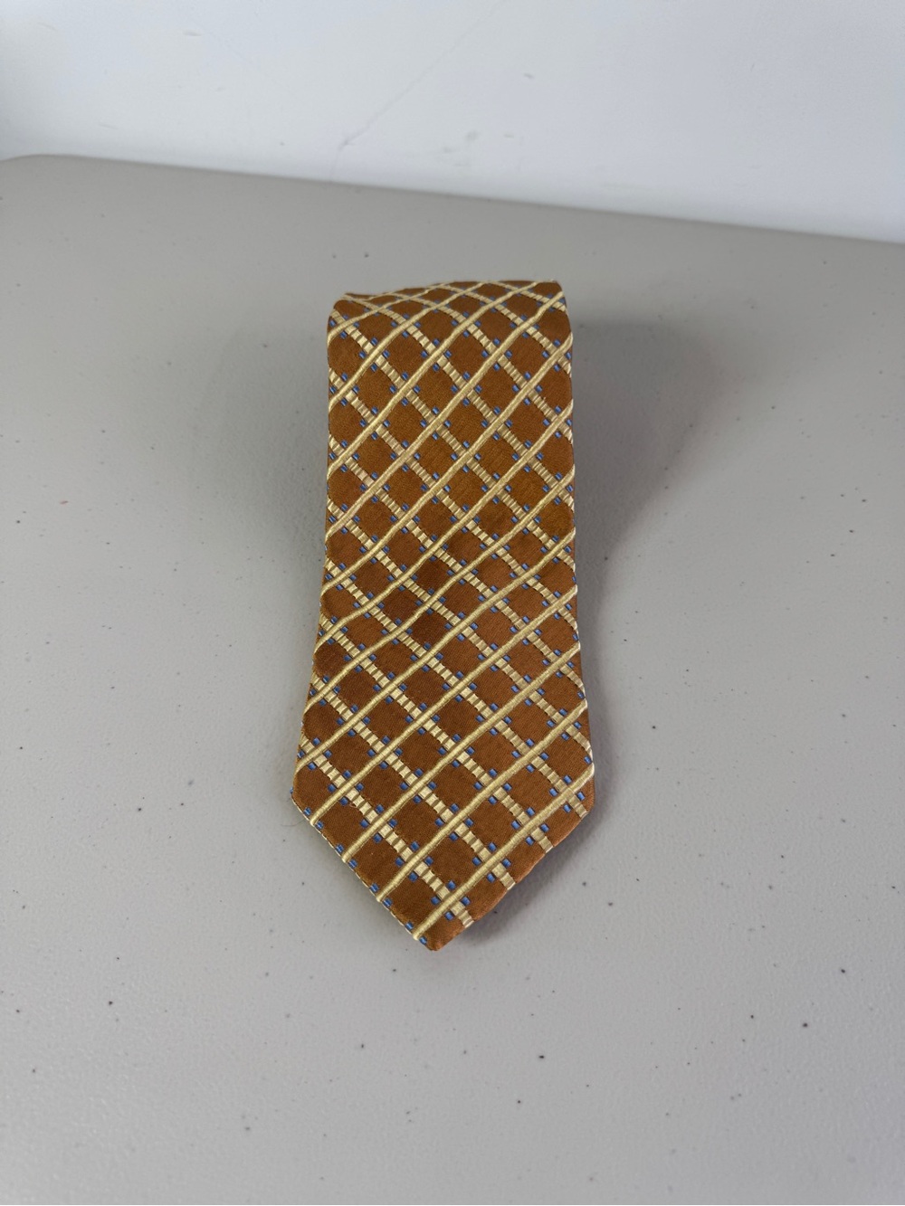 Ermenegildo Zegna Silk Necktie Gold Geometric Grid Luxury Designer Tie Classic - Picture 4 of 12